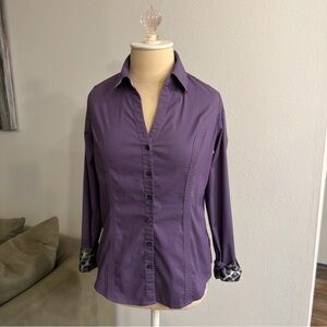 Express Purple Button-Down Shirt with Patterned Cuffs
